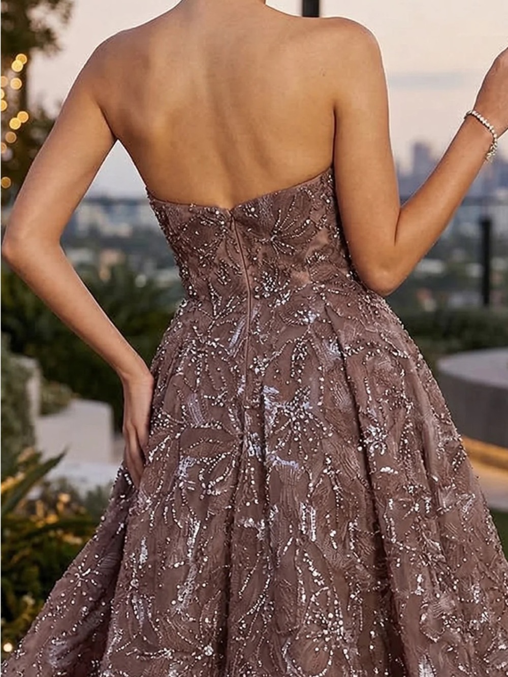 Jovani | Mauve Embellished Strapless Ball Gown Floral Sequin Overlay - Picture 3 of 7